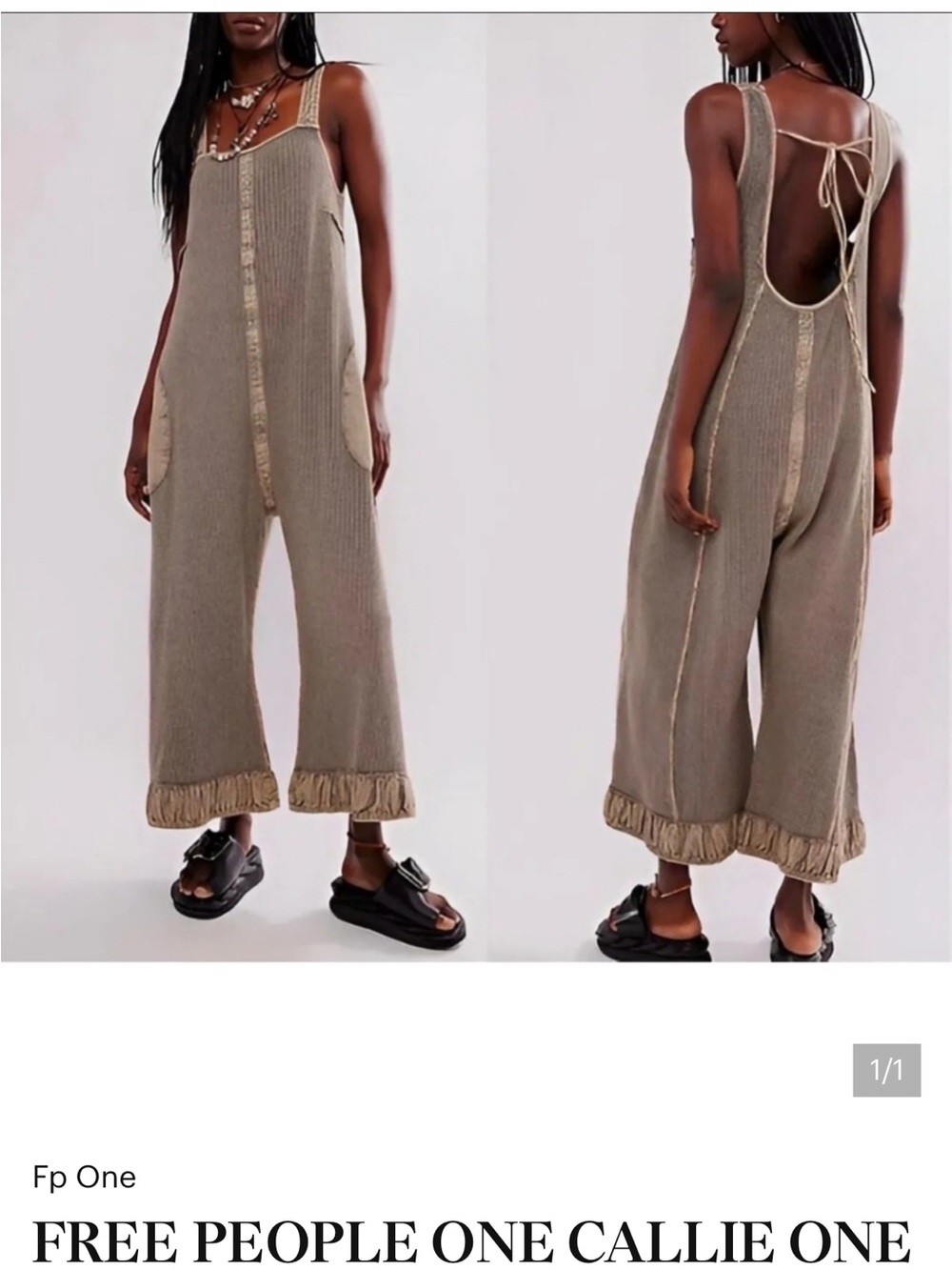 Free People taupe ribbed wide-leg tie-back jumpsuit